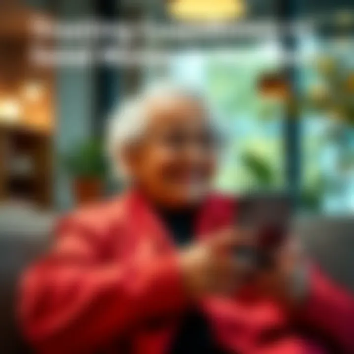 An elderly woman happily sending money from her smartphone, showcasing financial independence