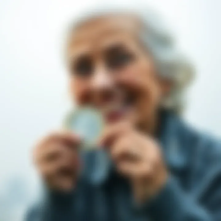 An elderly woman smiling while holding a Litecoin coin, symbolizing cryptocurrency's potential impact on attractiveness.