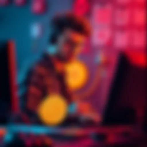 A graphic designer working on retro logo designs while showcasing a Bitcoin symbol.