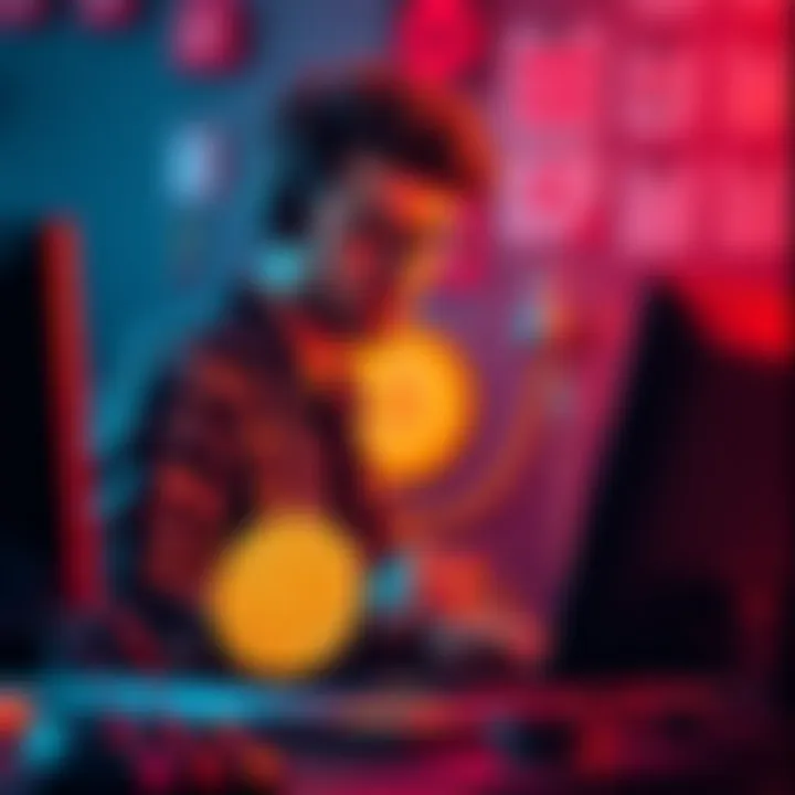 A graphic designer working on retro logo designs while showcasing a Bitcoin symbol.