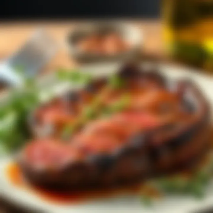 Juicy 100% Grass-Fed Steak A beautifully cooked 100% grass-fed Aberdeen Angus steak on a plate, garnished with herbs, showcasing its juicy texture and rich color.