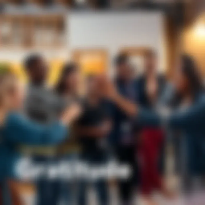 A group of diverse people in a casual setting, exchanging thank you notes and high fives, showcasing appreciation in a lively community atmosphere.