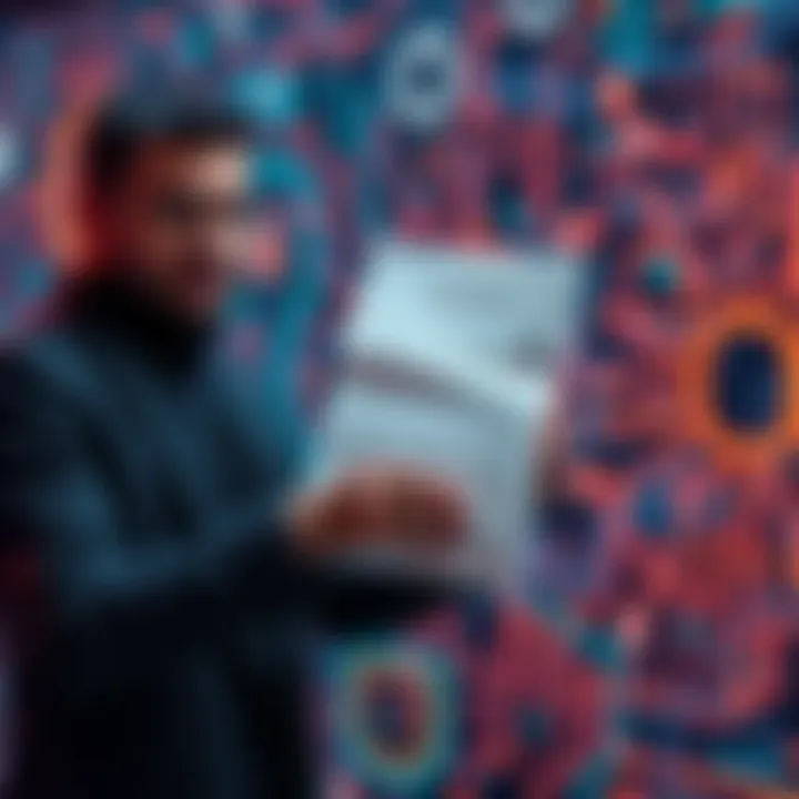 Grayscale's Head of Research holding a document highlighting XRPL as a leader in post-quantum cryptography, with digital graphics representing encryption in the background.