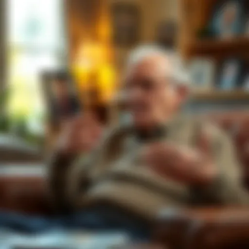 An elderly man with gray hair passionately discussing Bitcoin as a scam, gesturing with his hands while seated in a cozy living room filled with family photos and a warm ambiance.