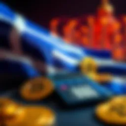 A graphic showing a Greek flag with a calculator and cryptocurrency symbols like Bitcoin, representing the new capital gains tax in Greece.