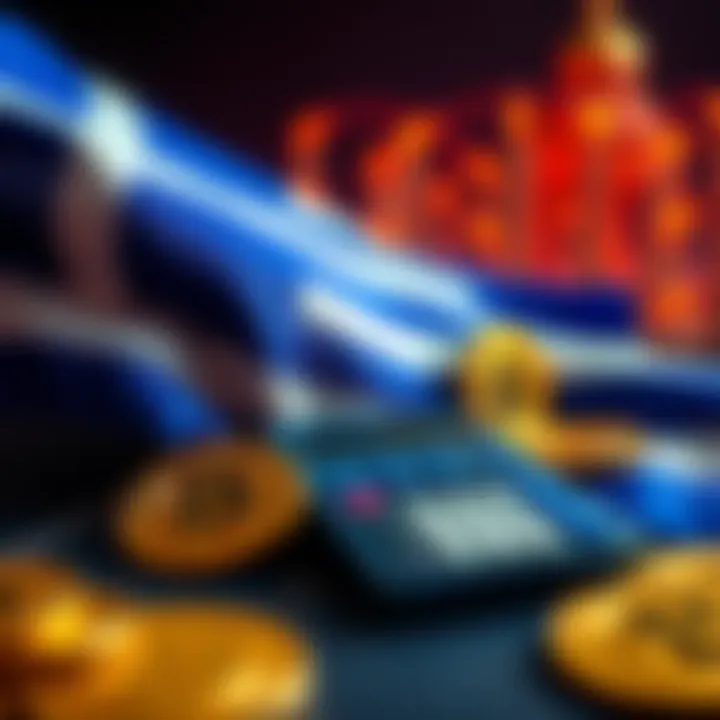Greece Capital Gains Tax on Crypto A graphic showing a Greek flag with a calculator and cryptocurrency symbols like Bitcoin, representing the new capital gains tax in Greece.