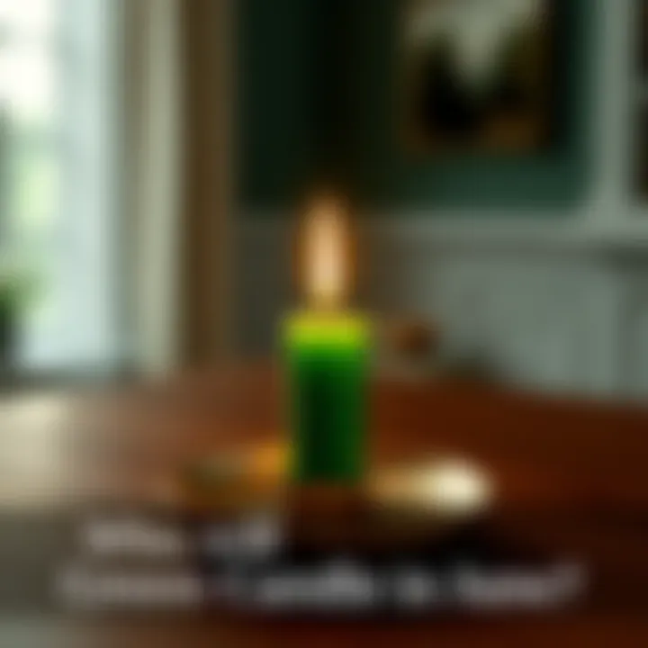 A green candle burning brightly, symbolizing potential leadership for June, placed on a wooden table with a soft glow around it.