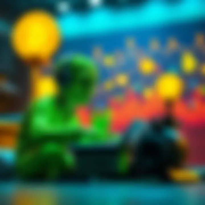 A digital representation of a figure representing the green Kaspa schizo discussing proof of work in a vibrant setting with cryptocurrency symbols in the background.