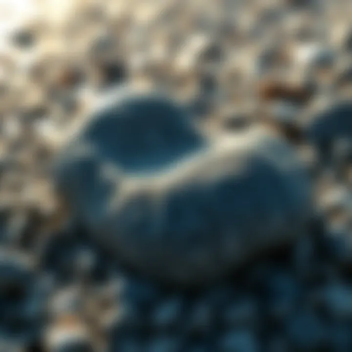A close-up view of a striking grey pebble featuring shiny flecks of silver and hints of blue under sunlight on the Sussex coast