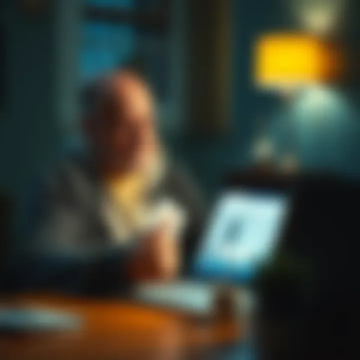 A distressed father holding a photo of his daughter while looking at a laptop with a frozen account screen, expressing his sadness and frustration.