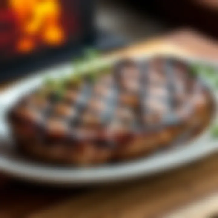 A perfectly cooked ribeye steak resting on a plate, showcasing a nice sear and juicy texture, ready to be served.