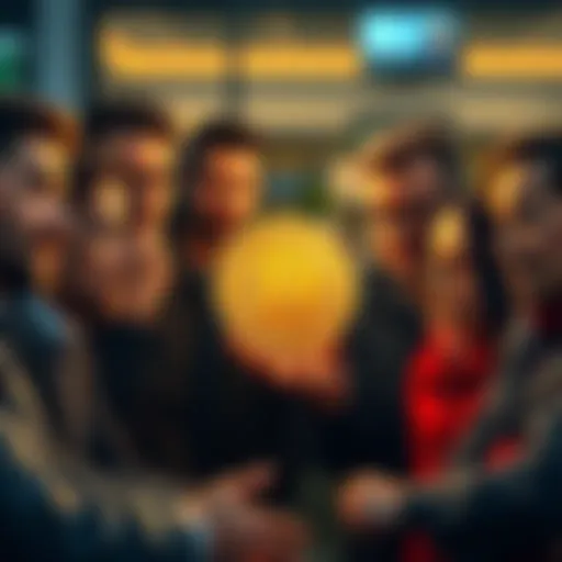 A group of diverse people engaging in a conversation about Bitcoin, showcasing various expressions of curiosity and skepticism.
