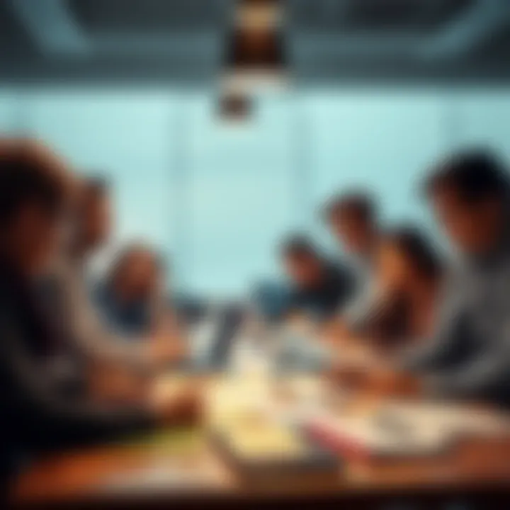 A diverse group of people brainstorming over a table filled with notes and laptops, focused on finding solutions to modern challenges