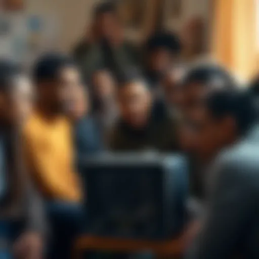 A diverse group of people gathered around, listening attentively to an old recording playing on a vintage device.