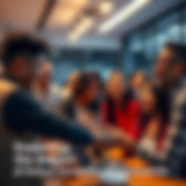 A diverse group of people engaged in discussion and collaboration in a community setting, showcasing teamwork and support.