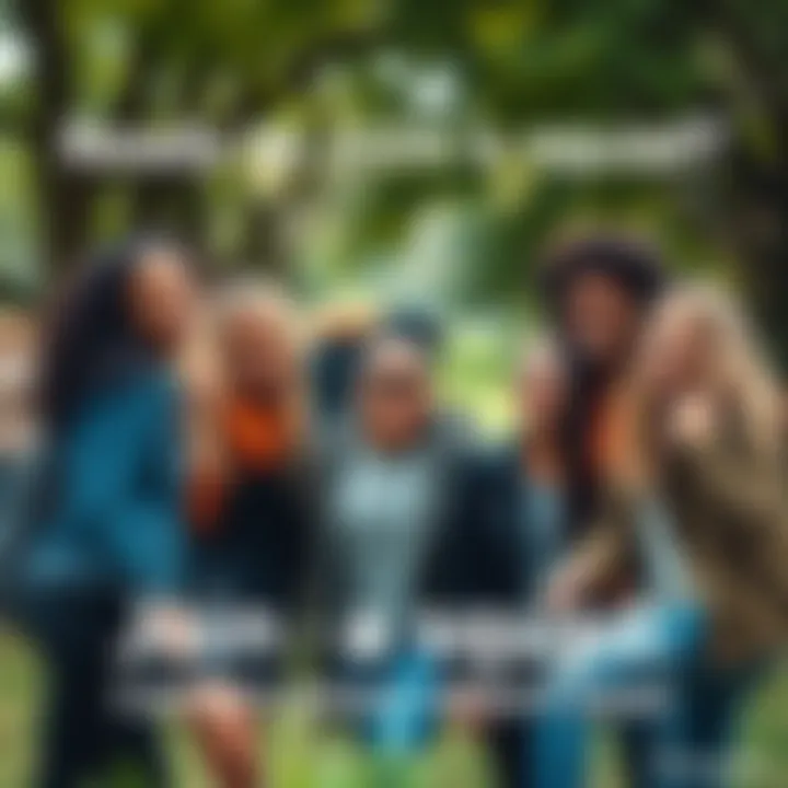 A diverse group of people smiling and collaborating in a park setting, ready to join a squad