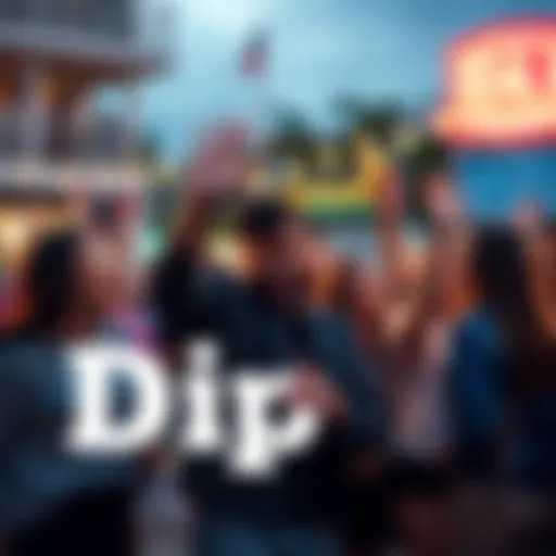 A lively group of friends gathered outdoors, cheerfully repeating the word 'Dip' together, creating a fun atmosphere.