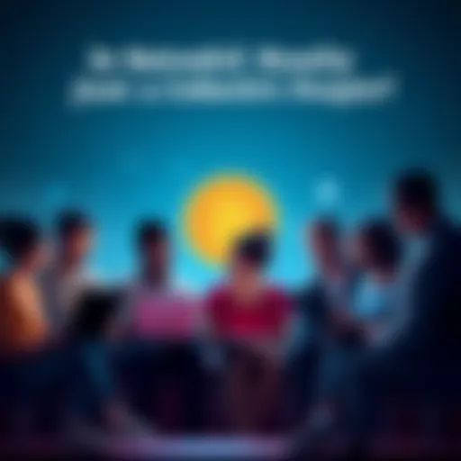 A diverse group of people holding laptops and discussing Bitcoin, symbolizing the collective behind Satoshi.