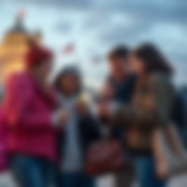 A group of friends discussing payments on a phone while traveling abroad, showcasing shared Pockets in Revolut for foreign transactions.