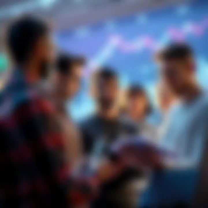A diverse group of people discussing cryptocurrency with charts and graphs in the background, symbolizing job growth and economic impact.