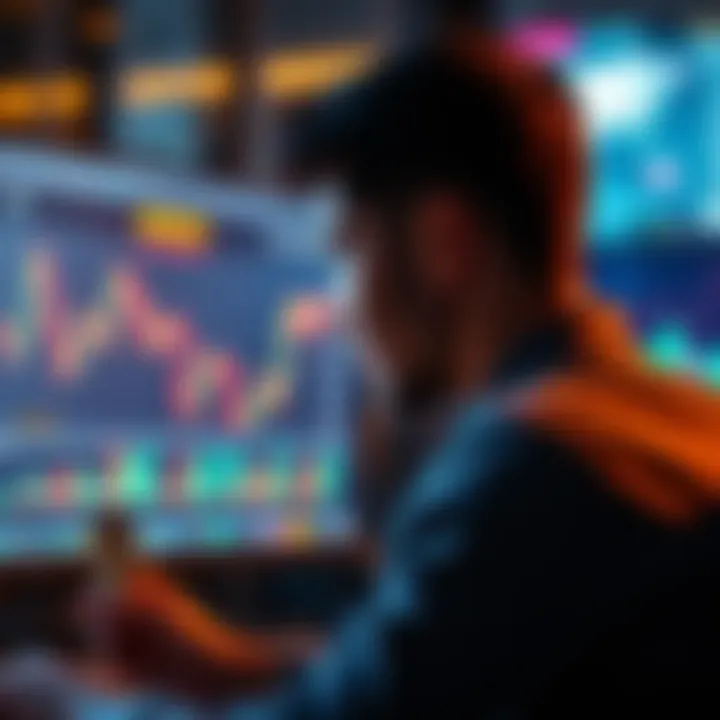 A person looking at a computer screen showing Binance trading charts and a small stack of coins, symbolizing investment growth.