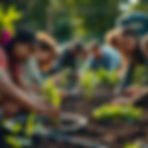 A diverse group of people planting seeds in a community garden, symbolizing growth and teamwork.