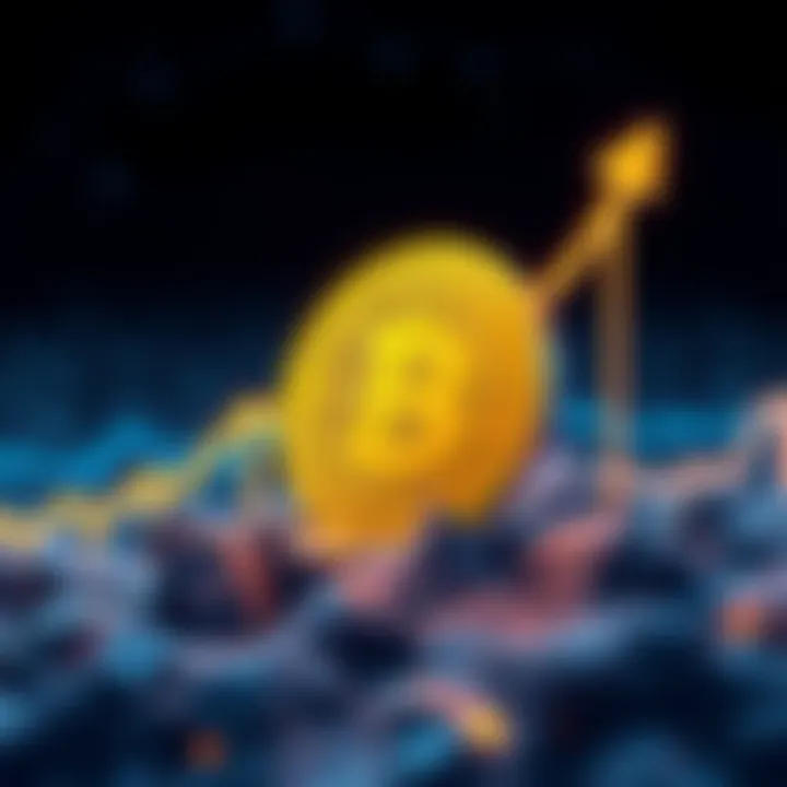 Illustration showing a digital coin symbolizing the Pi Network with upward arrows, representing growth in cryptocurrency value.