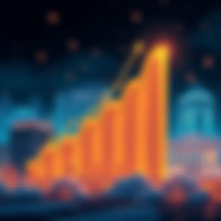 An illustration showing a graph representing the growth of the tokenized real-world asset market, with buildings and financial symbols in the background, symbolizing major financial institutions.