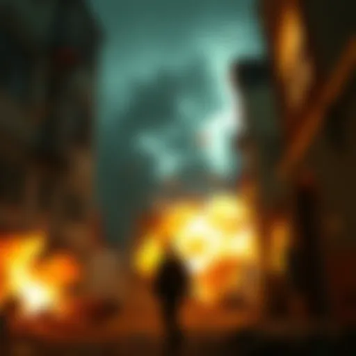 A fiery explosion in a dark alley, with debris flying and smoke rising as chaos ensues. Shadows of figures can be seen observing the event in the background.