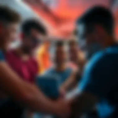 A diverse group of gym enthusiasts enjoying video chat on Vooz, showcasing friendly interactions and connections.