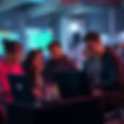 A diverse group of developers working on laptops, collaborating on blockchain projects during an online hackathon.