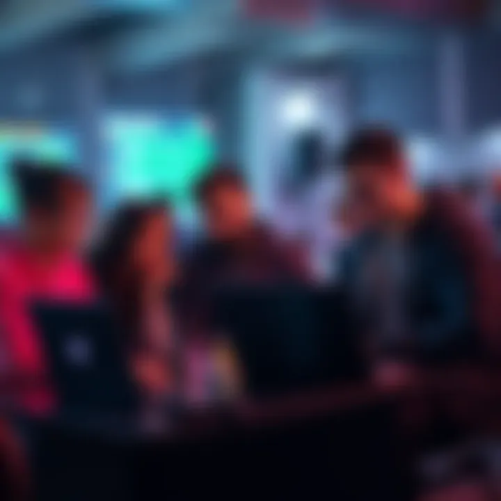 A diverse group of developers working on laptops, collaborating on blockchain projects during an online hackathon.