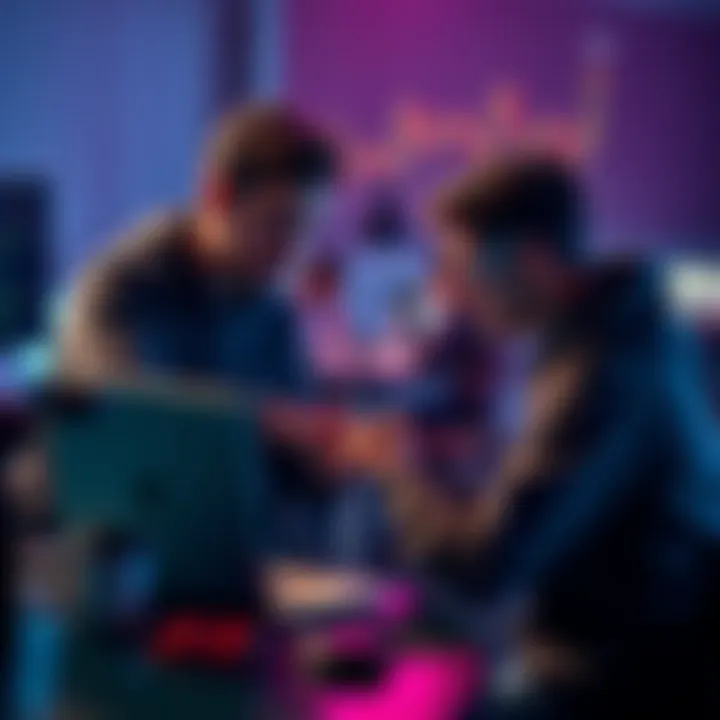 Two people collaborating on a laptop during a remote hackathon for a trading platform project.