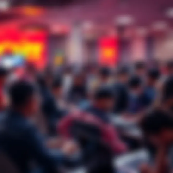 A large group of college students engaged in a hackathon, working on projects with laptops and brainstorming together in a collaborative environment.