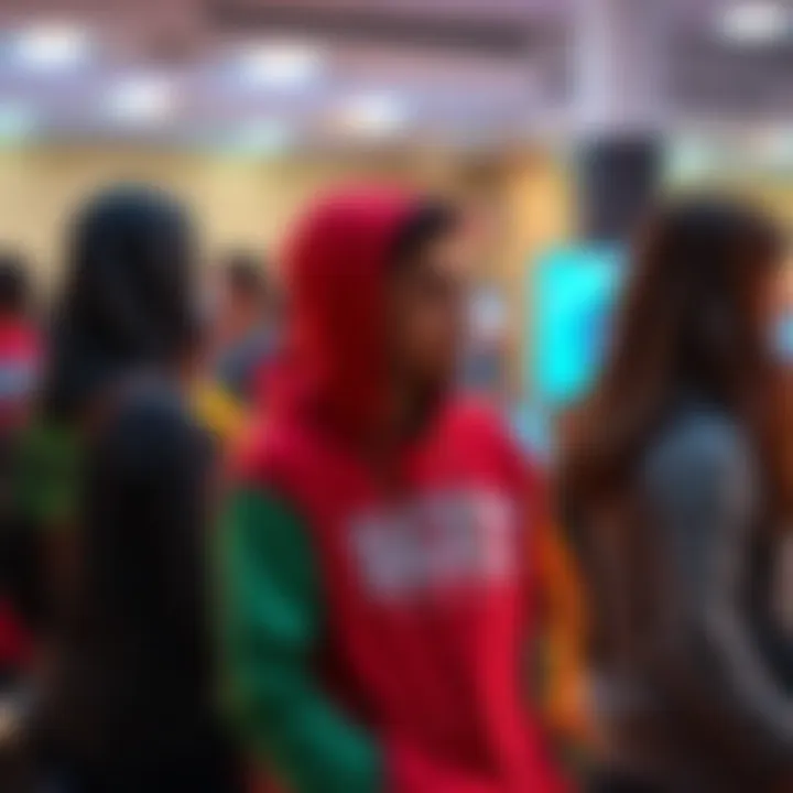 Participants at a hackathon showcasing their custom hoodies while collaborating on projects