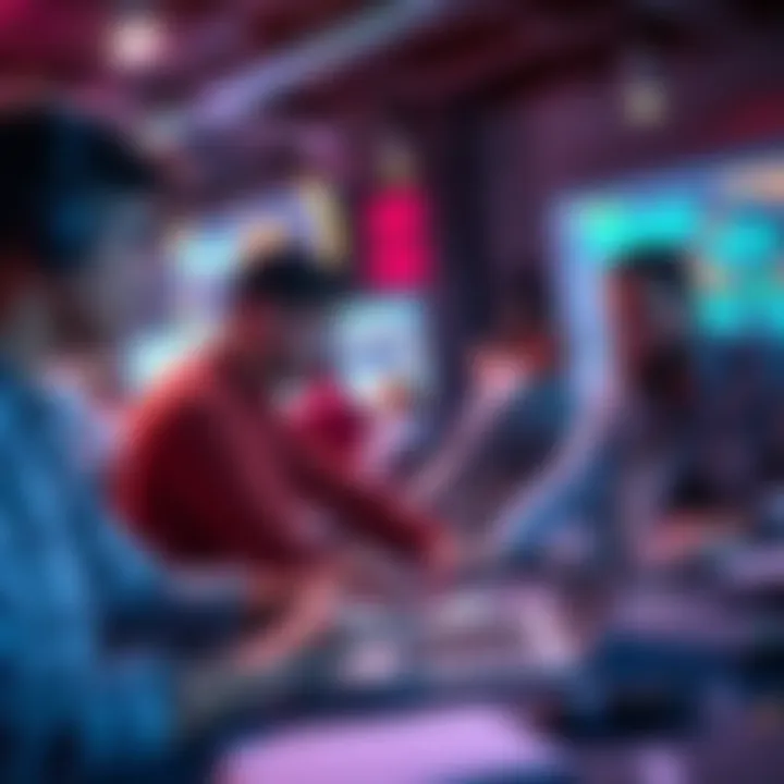 A group of developers collaborating on a laptop at a hackathon, discussing ideas and strategies for a presentation.