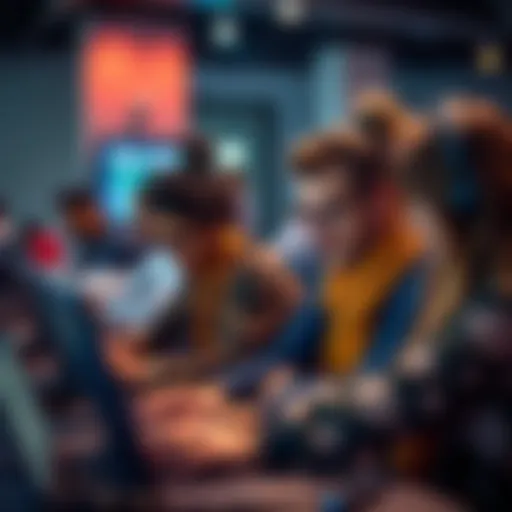 A group of diverse individuals working together on laptops at a hackathon event, discussing ideas and coding solutions.