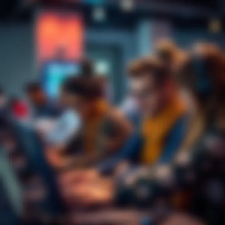 A group of diverse individuals working together on laptops at a hackathon event, discussing ideas and coding solutions.