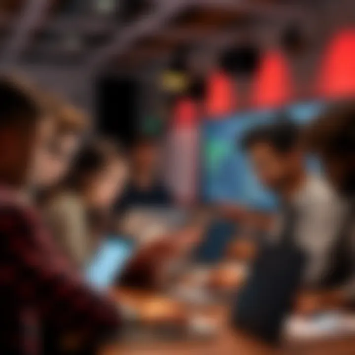 A diverse group of people brainstorming and collaborating at a hackathon, surrounded by laptops and whiteboards.