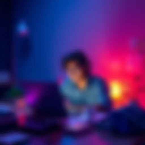 A beginner with a laptop looking to join a team for a hackathon, surrounded by creative ideas and brainstorming notes.