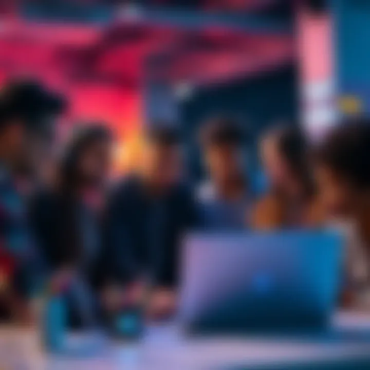 A diverse group of people collaborating in front of a laptop at a hackathon event.
