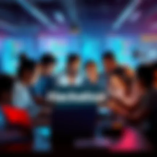 A graphic showing a diverse team of engineers collaborating on a project, with laptops and coding elements around them.