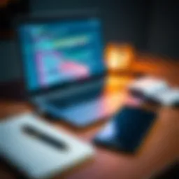 A laptop with code on the screen, a notebook, and a smartphone on a table, symbolizing tools for hackathon preparation.