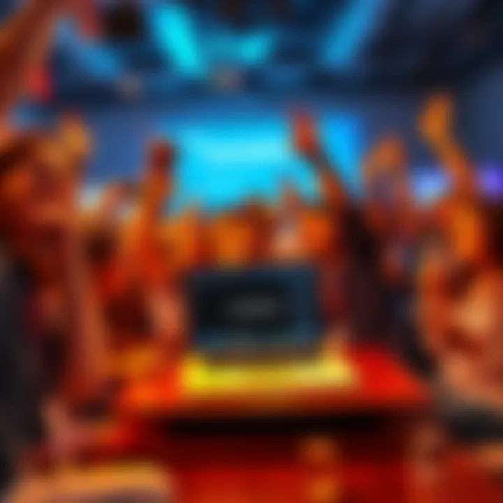 Participants celebrating at a hackathon with a MacBook and scholarships on display
