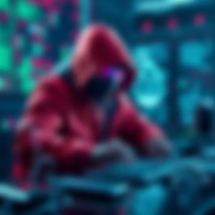 A hacker using a computer to access email accounts and steal sensitive information like seed phrases.