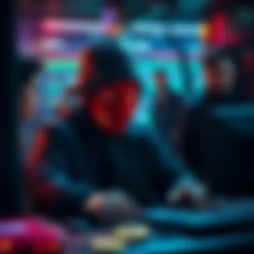A digital representation of a hacker performing poorly executed Bitcoin mixing transactions, showing confused reactions from onlookers in a tech environment.