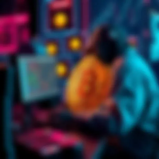 A hacker at a computer mixing stolen bitcoin with legitimate transactions, creating a visual representation of cryptocurrency blending.