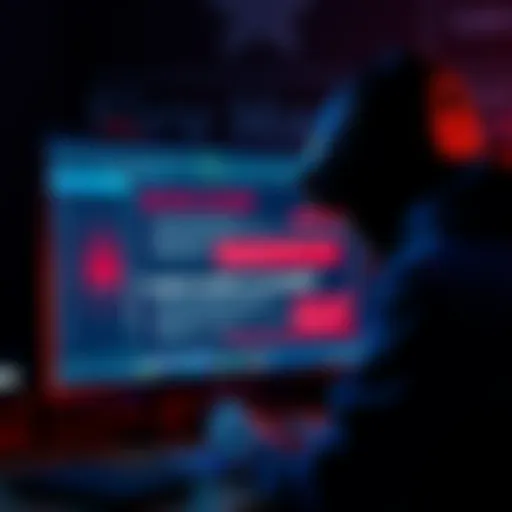 A hacker looks at a computer screen filled with alarming messages about their location being uncovered.