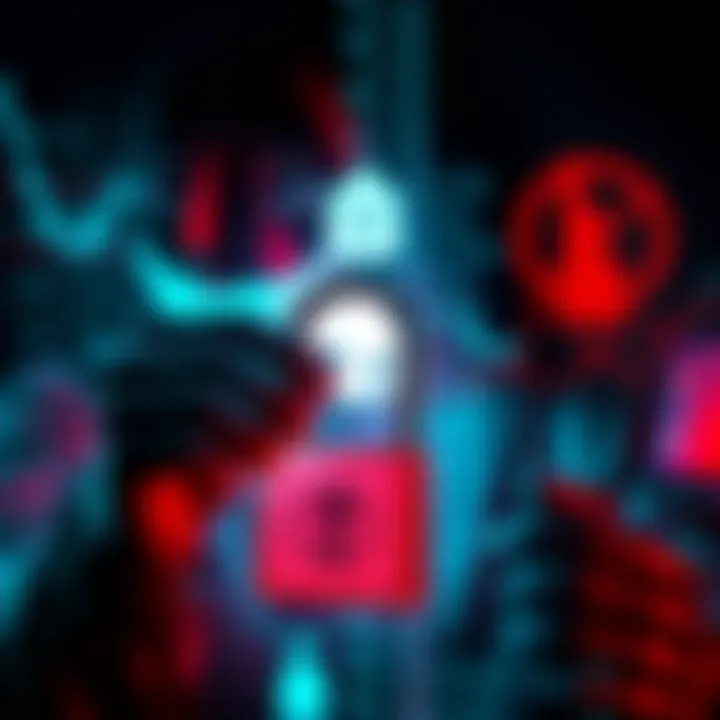 A representation of hackers demanding a ransom with a digital lock and a financial logo in the background