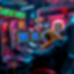 A group of hackers quickly playing multiple video games on their computers, surrounded by gaming gear and screens showing game scores.